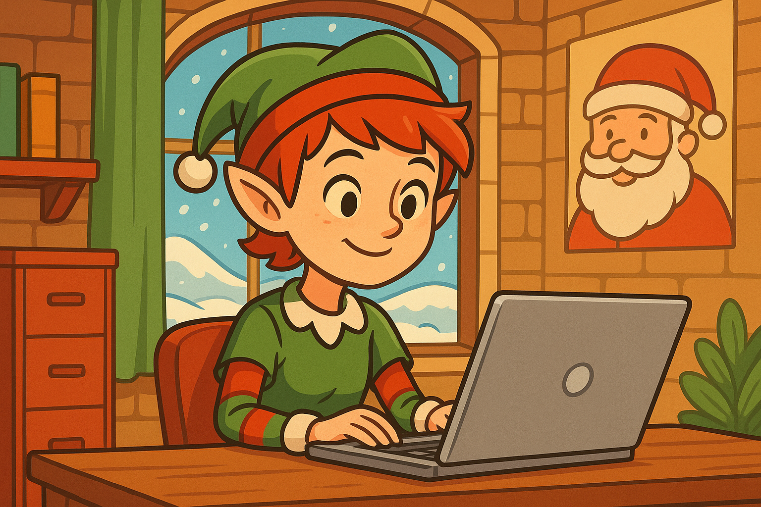 Pixie the Elf, a young red-haired elf working on a laptop in Santa's office at the North Pole